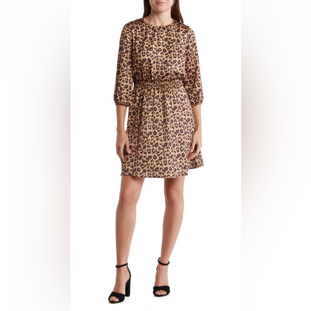 NWT Sam Edelman Leopard Print Smocked Waist A-Line Dress, Sz 10